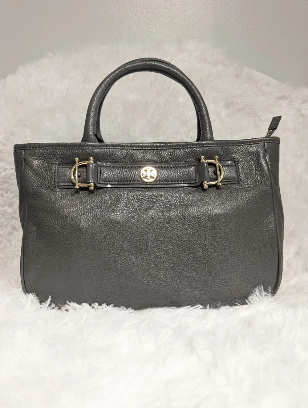 Authentic Tory Burch Horsebit Satchel - Elephant Grey Pebbled Leather